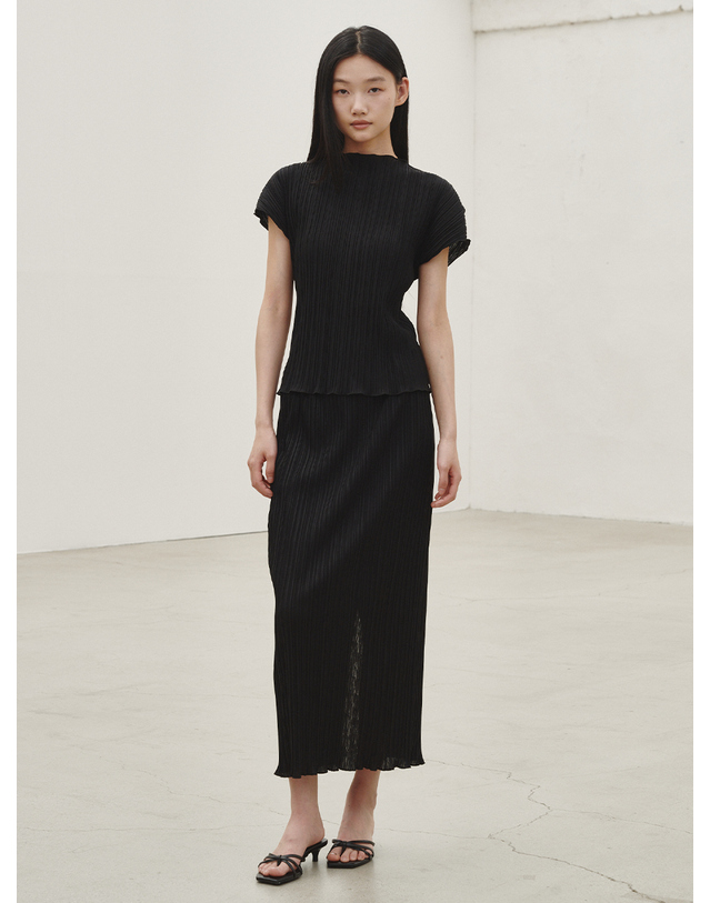 누브 플리츠 롱 스커트 - 블랙 / Pleated Long Skirt - Black 착용컷