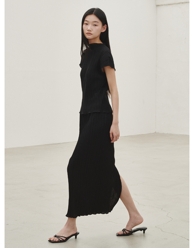 누브 플리츠 롱 스커트 - 블랙 / Pleated Long Skirt - Black 착용컷