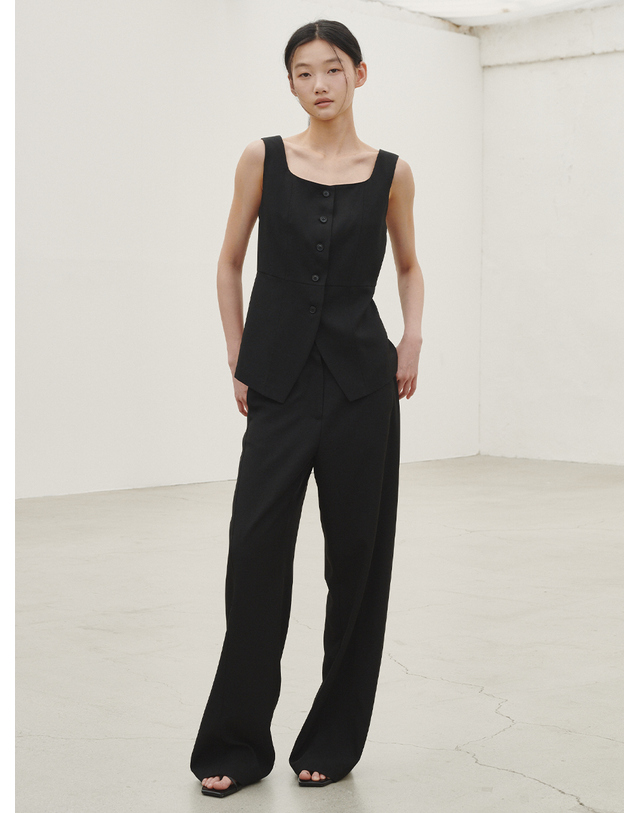 누브 린넨 와이드 커브드 팬츠 - 블랙 / Linen Wide Curved Pants - Black 착용컷