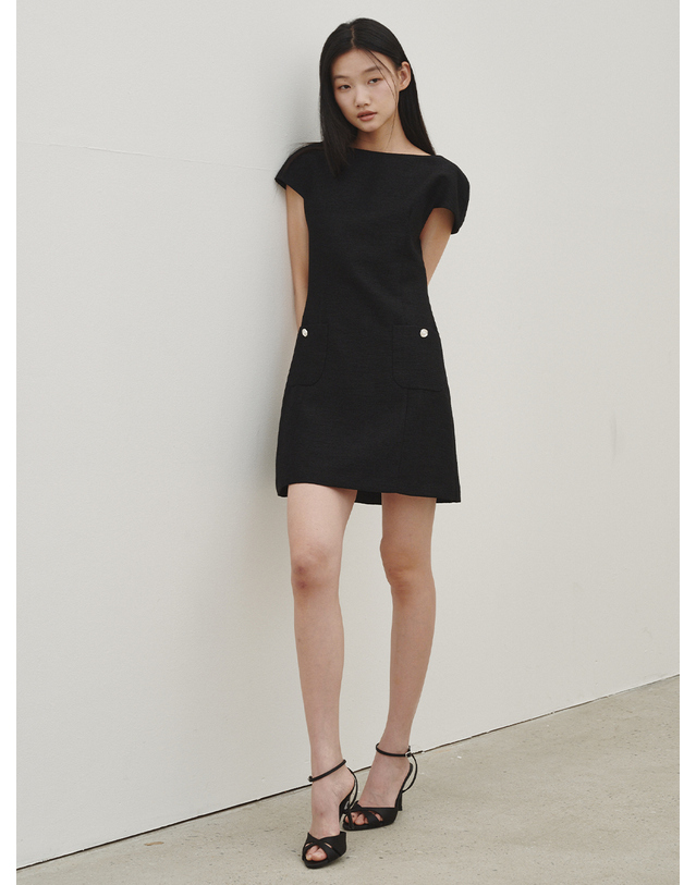 누브 보트넥 트위드 미니 드레스 -블랙 / Boat Neck Tweed Mini Dress - Black 착용컷