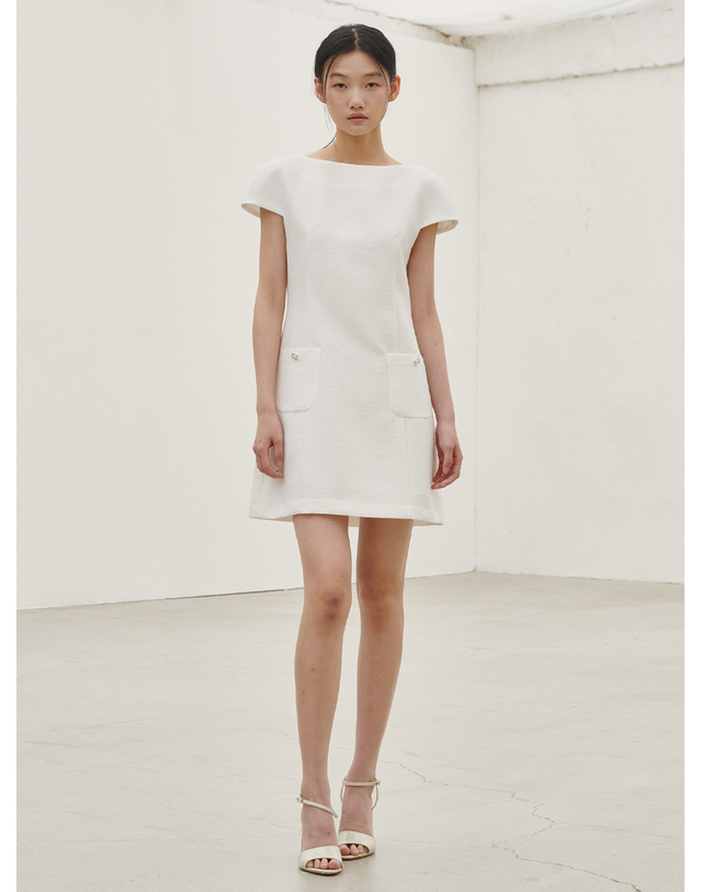 누브 보트넥 트위드 미니 드레스 - 화이트 / Boat Neck Tweed Mini Dress - White 착용컷