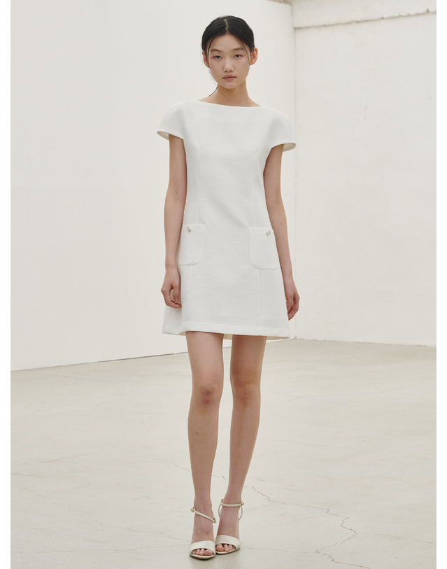 누브 보트넥 트위드 미니 드레스 - 화이트 / Boat Neck Tweed Mini Dress - White 착용컷