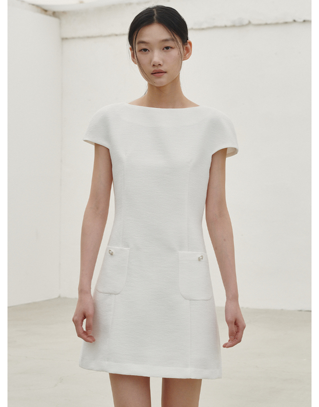 누브 보트넥 트위드 미니 드레스 - 화이트 / Boat Neck Tweed Mini Dress - White 착용컷