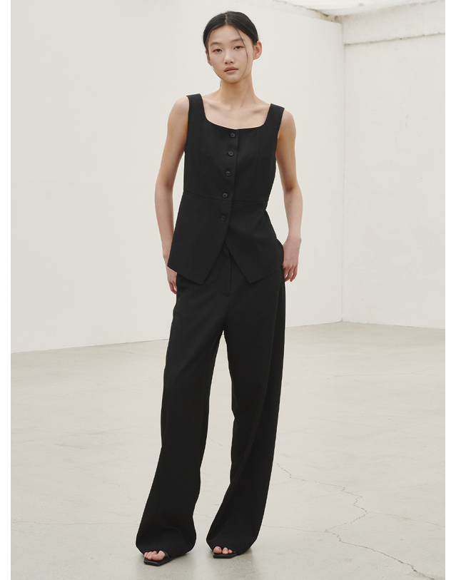 누브 린넨 베스트 블라우스 셋업- 블랙 / Linen Vest Blouse Set up - Black 착용컷