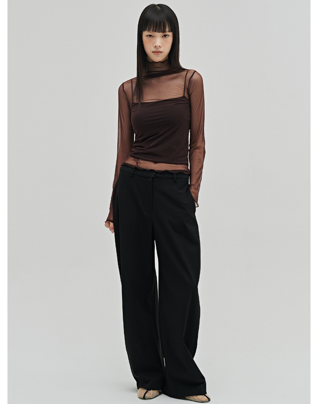 누브 시어 하이넥 롱슬리브 티셔츠 - 버건디 / Sheer High Neck Long Sleeve T-Shirt - Burgundy 착용컷