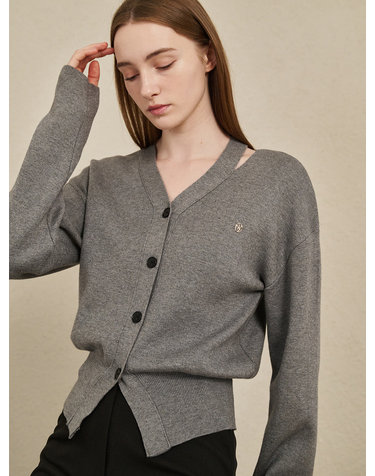 V-Neck Cut Out Cardigan - M. Gray