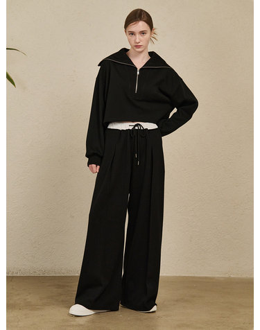 Wide Collar Crop T-Shirts Set up- Black
