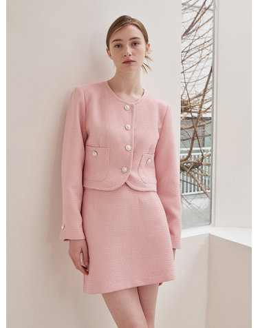 Tweed Pearl Button Jacket Set Up -Pink