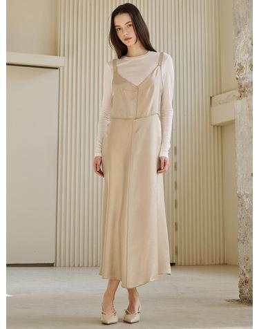 슬리브리스 새틴 드레스 - 라이트 카키 / Sleeveless Satin Dress - Light Khaki