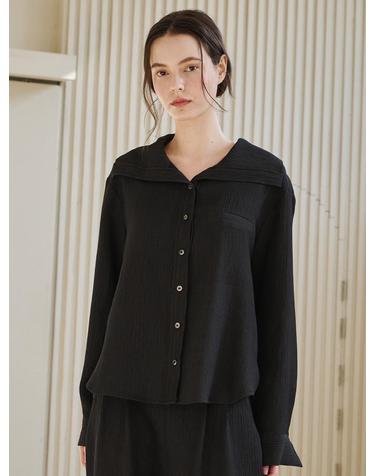 세일러 카라 링클 블라우스 - 블랙 / Sailor Collar Wrinkle Blouse -Black