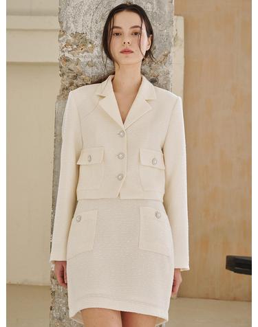 노치드 카라 트위드 자켓 셋업 - 아이보리 /  Notched Collar Tweed Jacket Set Up - Ivory