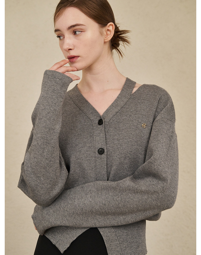 누브 V-Neck Cut Out Cardigan - M. Gray 착용컷