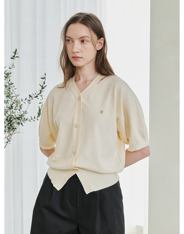 누브 V Neck Cut Out Half Sleeve Cardigan - Light Yellow 착용컷