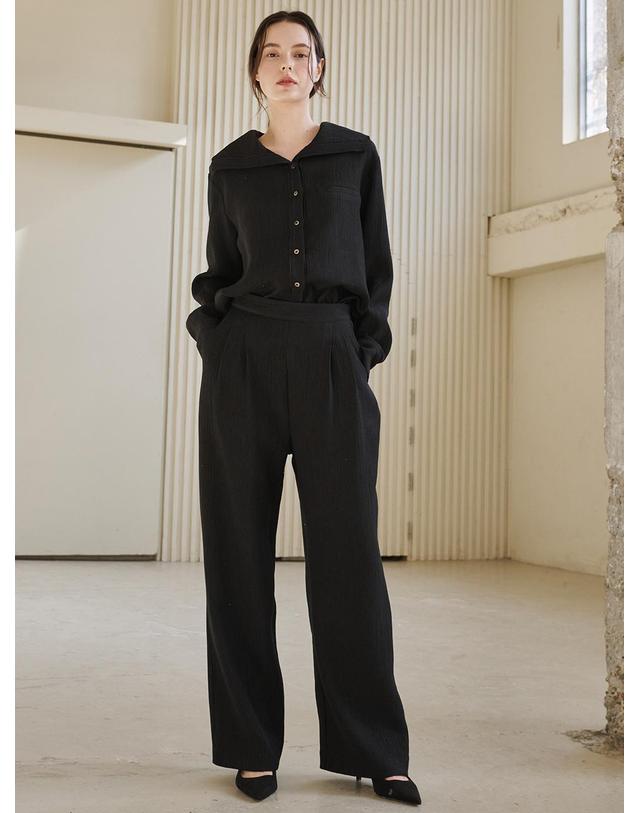 누브 링클 와이드 밴딩 팬츠 - 블랙 / Wrinkle Wide Banding Pants - Black 착용컷