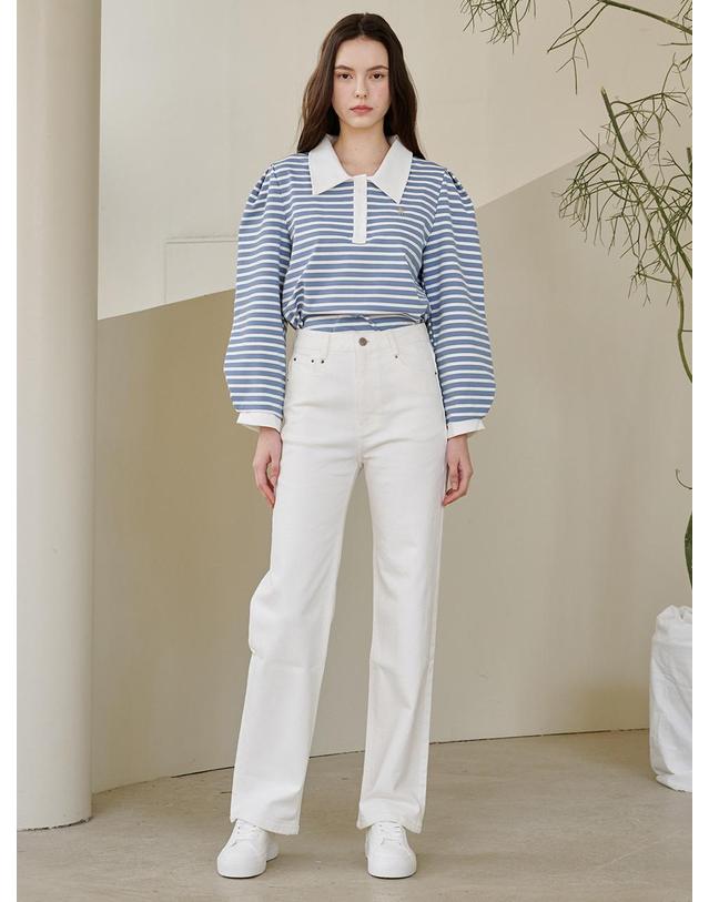 누브 스트라이프 퍼프 롱슬리브 티셔츠 - 스카이블루 / Stripe Puff Long Sleeve T-Shirts -Sky Blue 착용컷