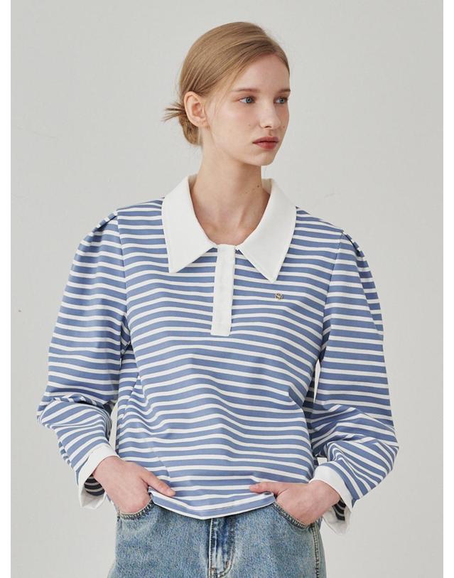 누브 스트라이프 퍼프 롱슬리브 티셔츠 - 스카이블루 / Stripe Puff Long Sleeve T-Shirts -Sky Blue 착용컷