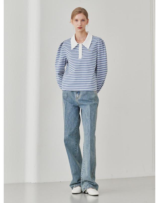 누브 스트라이프 퍼프 롱슬리브 티셔츠 - 스카이블루 / Stripe Puff Long Sleeve T-Shirts -Sky Blue 착용컷