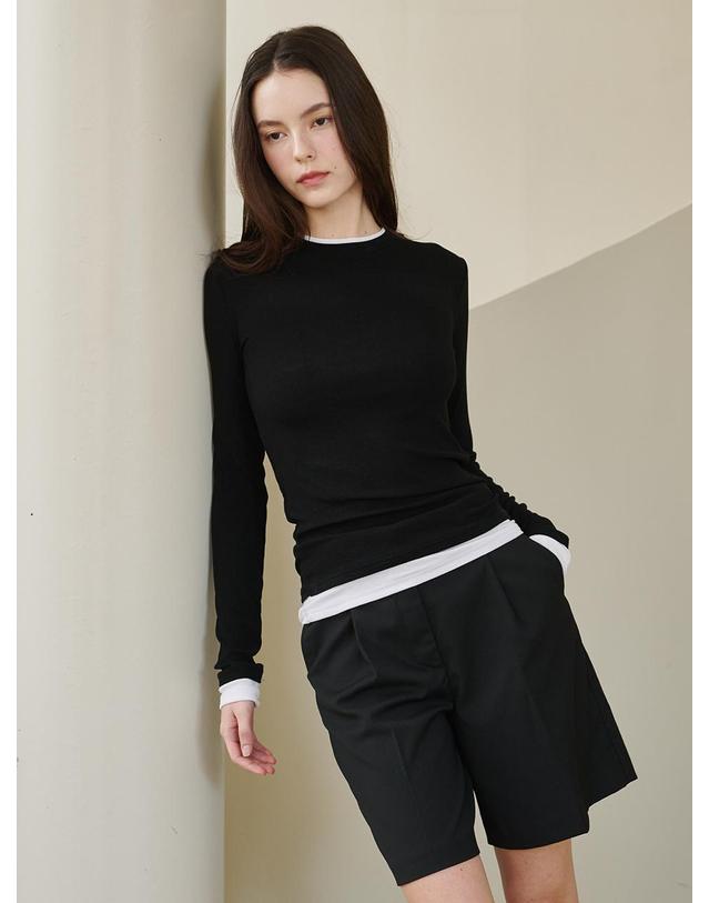 누브 컬러매칭 롱슬리브 티셔츠 - 블랙 / Color Matching Longsleeve T-Shirts - Black 착용컷