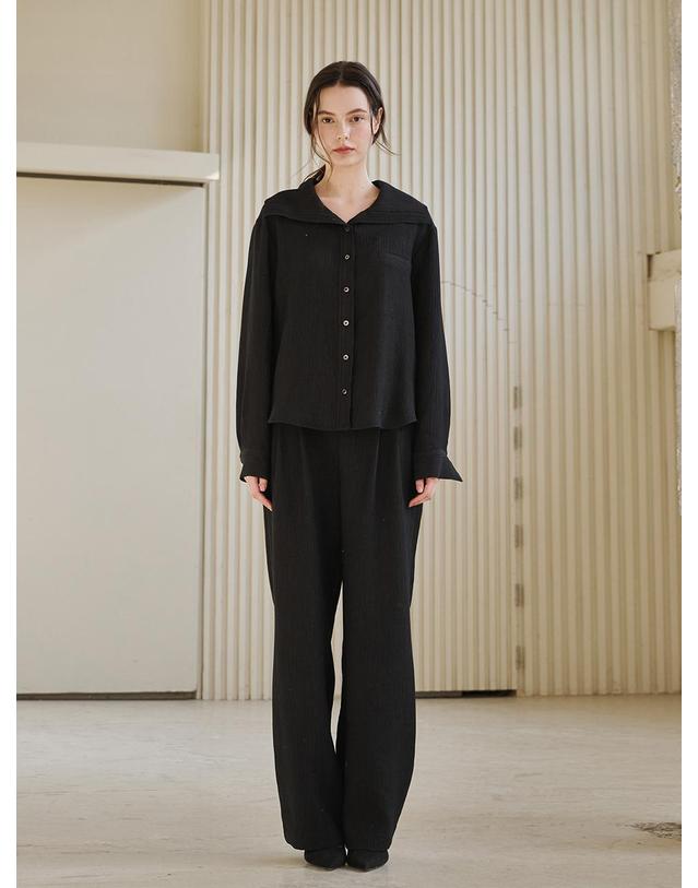 누브 세일러 카라 링클 블라우스 - 블랙 / Sailor Collar Wrinkle Blouse -Black 착용컷