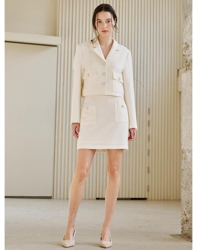 누브 노치드 카라 트위드 자켓 셋업 - 아이보리 / Notched Collar Tweed Jacket Set Up - Ivory 착용컷