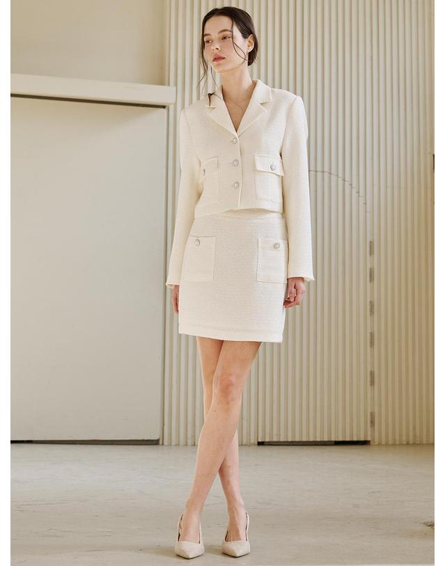 누브 노치드 카라 트위드 자켓 셋업 - 아이보리 / Notched Collar Tweed Jacket Set Up - Ivory 착용컷