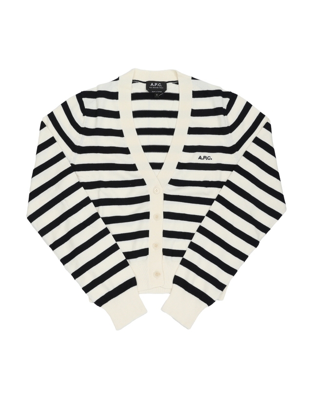 아페쎄 아페쎄 COGDK F22312 TAI OFF-WHITE/DARK NAVY GAELLE 가엘 스트라이프 브이넥 여성 가디건 착용컷