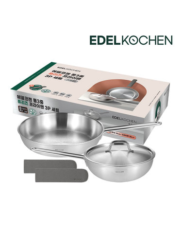 에델코첸 통3중 퓨리즈 프라이팬 3P 세트(웍팬+뚜껑 24cm + 프라이팬 28cm + 가죽손잡이 2P)