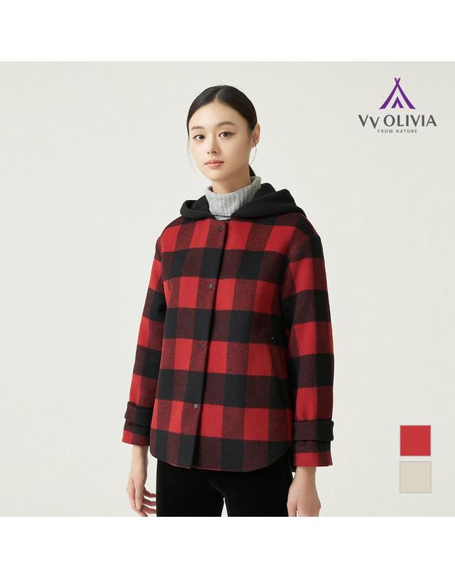 올리비아로렌 니트 후드 체크 점퍼_VVCCLXW9481 착용컷