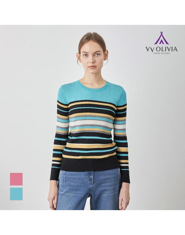 올리비아로렌 멀티 스트라이프 골지니트_VVCBL5S1381 착용컷