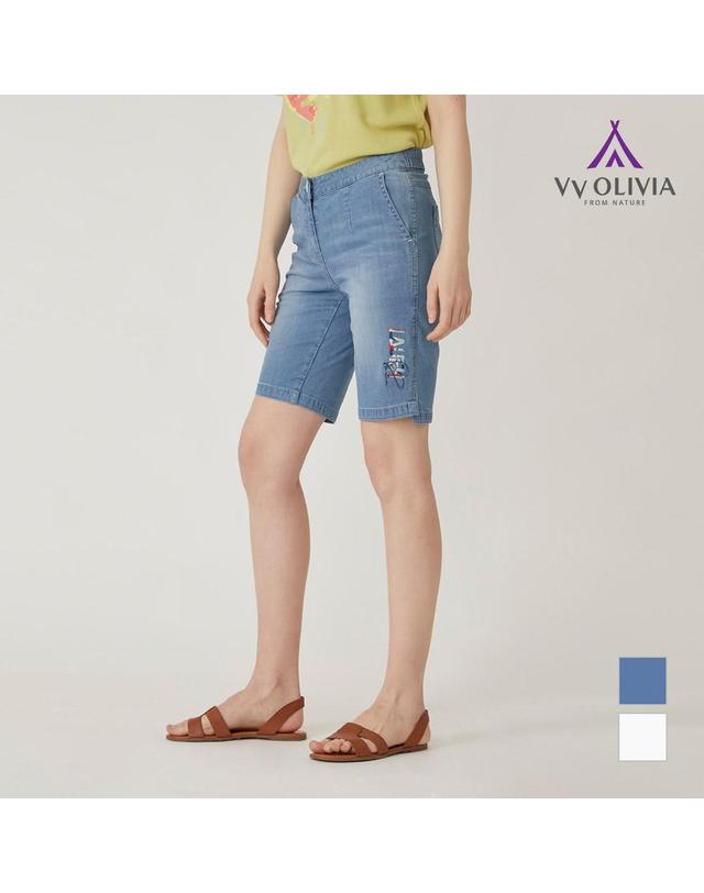 올리비아로렌 자수 포인트 5부 데님_VVCMPYM5371 착용컷
