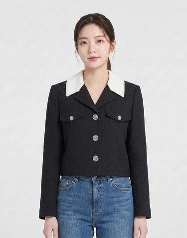 [에꼴드파리/드라로얄] 배색카라 크롭 자켓_RB34WJCM35Z