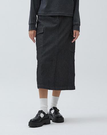W 데님 스웻 H라인 카고 스커트 Black