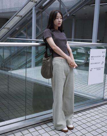 W 컬러 데님 플레어 팬츠 Beige