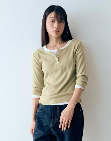 W 골지 7부 티셔츠 Yellow Green