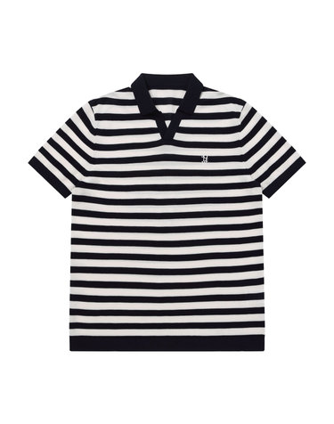 [Solew] Polo Open Collar Stripe Short Sleeve Knit_White