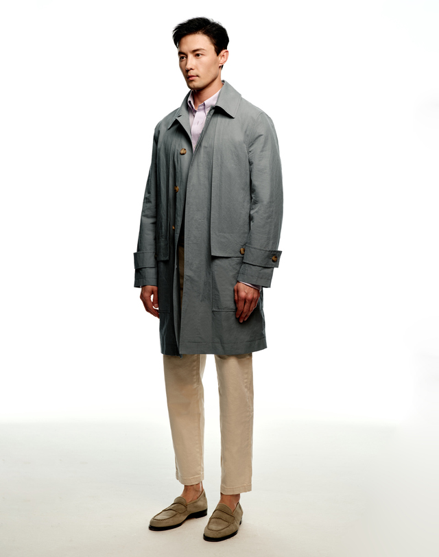 소루 [Solew] Linen Mac Trench Coat_Greyish Blue 착용컷