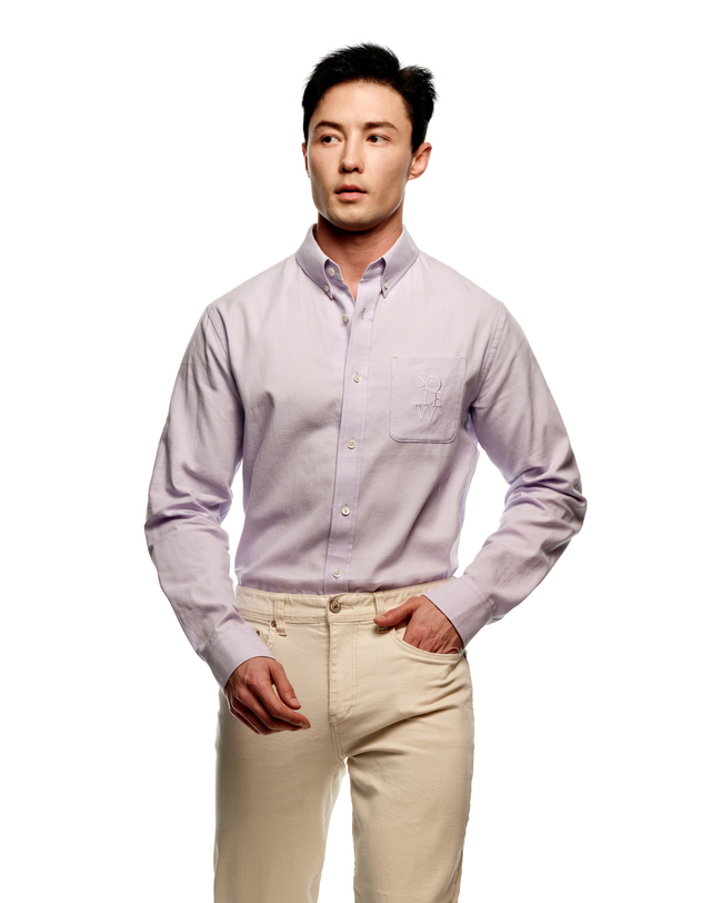 소루 [Solew] Oxford Button-Down Shirt_Light Violet 크림 착용컷