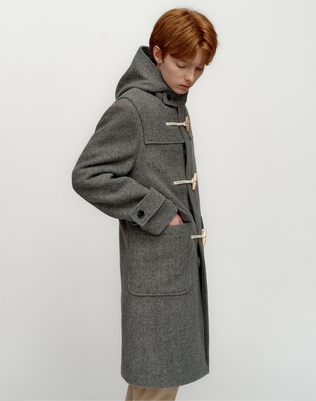 소루 [Solew] Wool Duffle Hooded Coat_Grey 그레이 착용컷