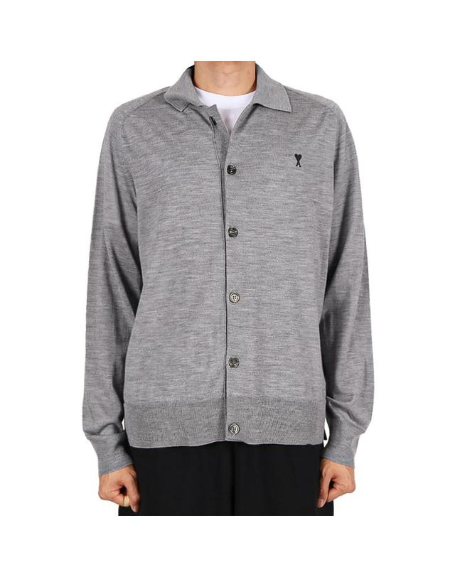 아미 아미 26SS 남성 하트로고 카라 울 가디건 헤더그레이 HKC385 KN0039 0504 착용컷