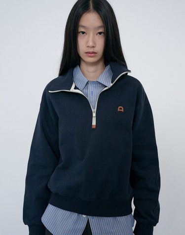 UNISEX LEATHER LOGO HALF ZIP-UP SWEATSHIRT FRENCH NAVY_UDTS6C107N2