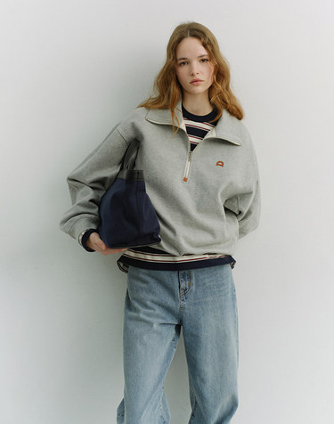 UNISEX LEATHER LOGO HALF ZIP-UP SWEATSHIRT MELANGE GREY_UDTS6A107G2