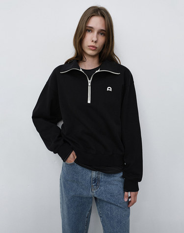 UNISEX LEATHER LOGO HALF ZIP-UP SWEATSHIRT BLACK_UDTS6C107BK