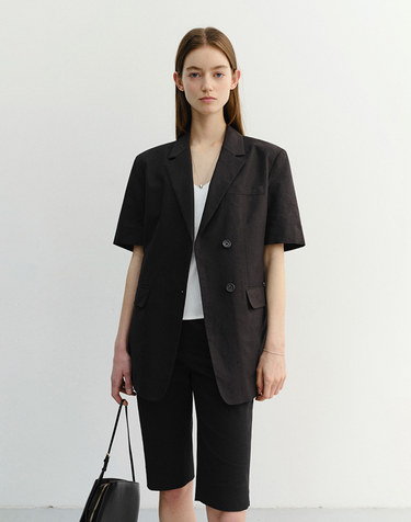 HALF SLEEVE BELTED LINEN JACKET BLACK_UDJA6B226BK