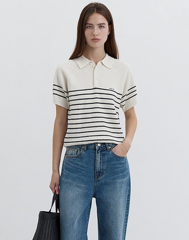 UNISEX COLLARED STRIPE KNIT CREAM_UDSW5B129CR