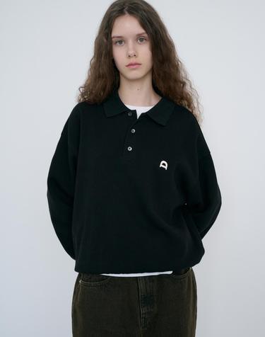 UNISEX LEATHER LOGO COLLARED T-SHIRT BLACK_UDTS6C110BK