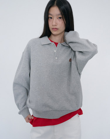 UNISEX LEATHER LOGO COLLARED T-SHIRT MELANGE GREY_UDTS6C110G2