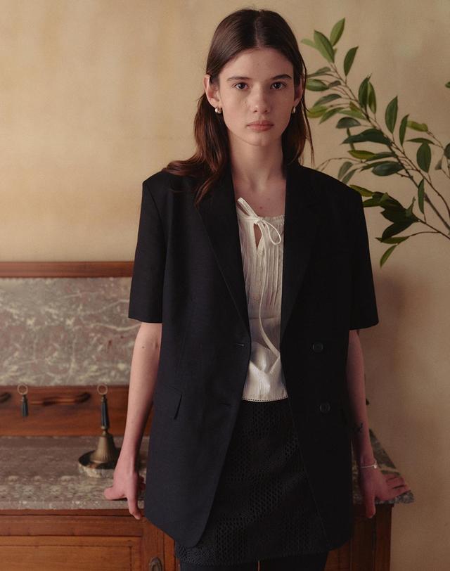 던스트 HALF SLEEVE BELTED LINEN JACKET BLACK_UDJA6B226BK 블랙 착용컷