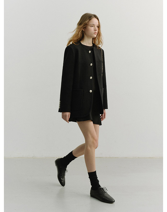 던스트 UNISEX COLLARLESS TWEED JACKET BLACK_UDJA6A109BK 블랙 착용컷