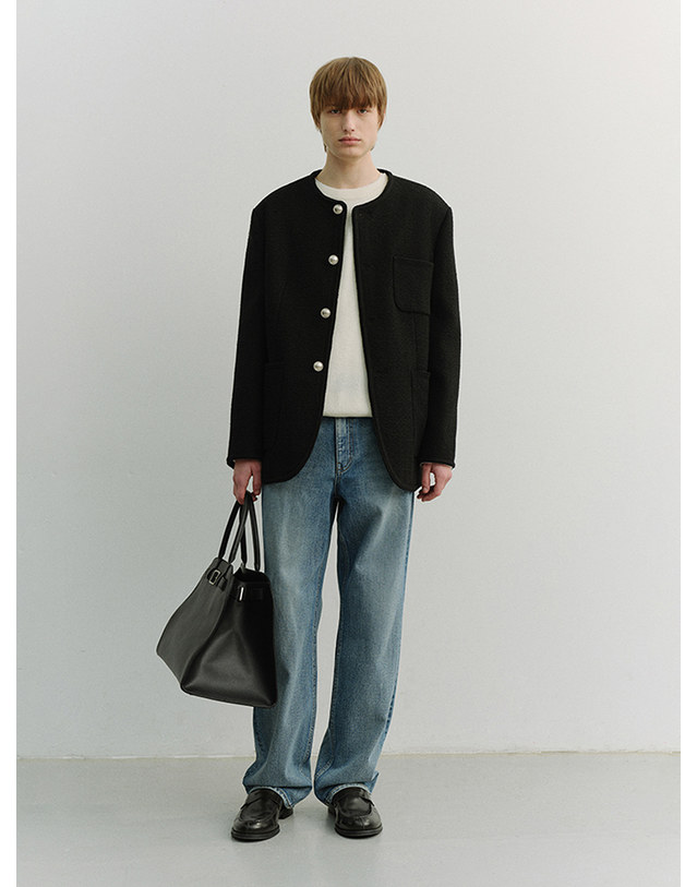 던스트 UNISEX COLLARLESS TWEED JACKET BLACK_UDJA6A109BK 블랙 착용컷
