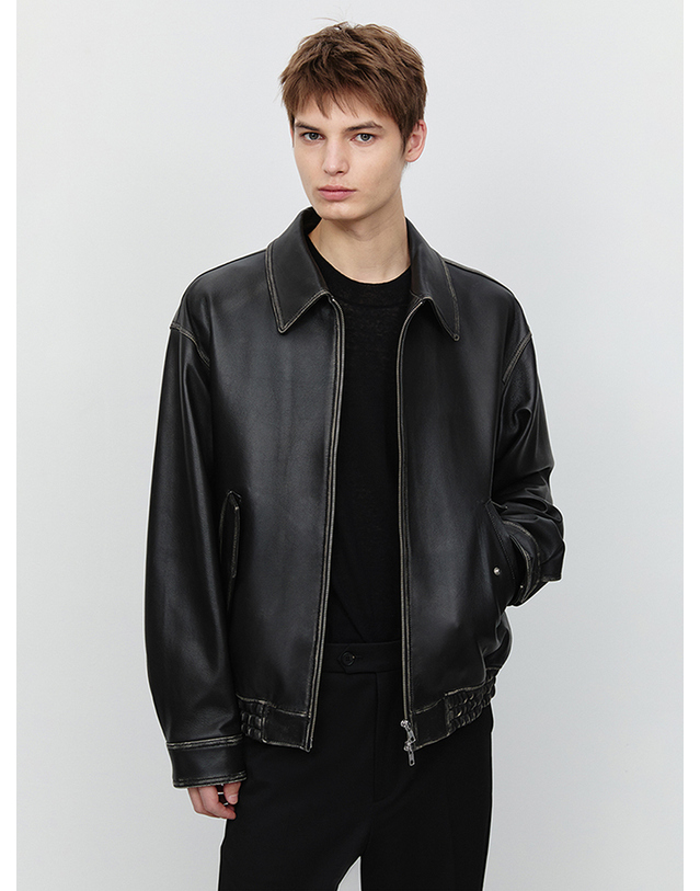 던스트 UNISEX LAMBSKIN LEATHER BLOUSON BRUSHED BLACK_M_UDJU5A102G3 그레이 착용컷
